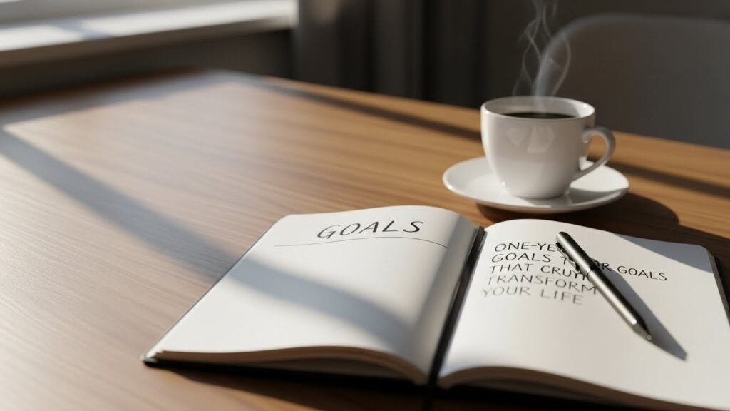 A minimalist wooden desk featuring an open personal planner with "GOALS" written on the page, a black pen, and a steaming cup of coffee in soft morning sunlight.