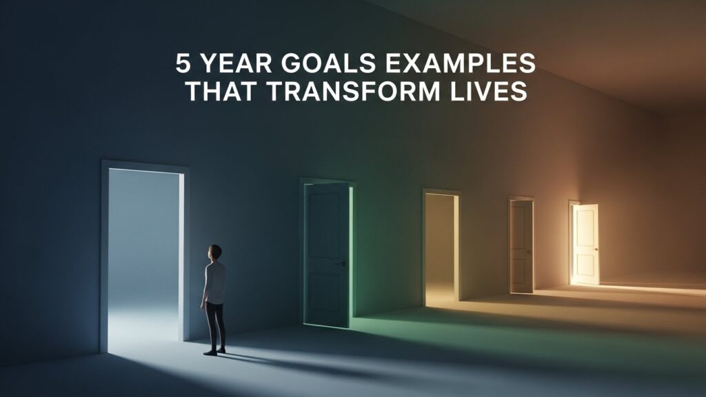 A minimalist wooden desk featuring a white cup of steaming coffee and an open planner with the heading "One-Year Goals That Can Truly Transform Your Life" written on the page.