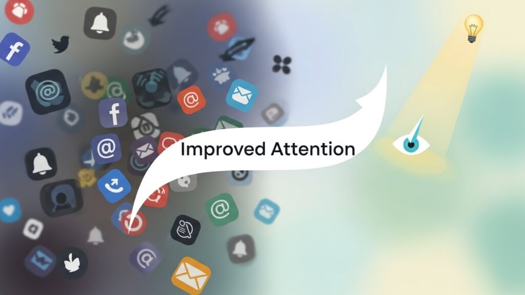 A conceptual graphic representing exercises to improve focus and attention, showing a transition from a chaotic cloud of social media icons to a clear, focused spotlight on a lightbulb.