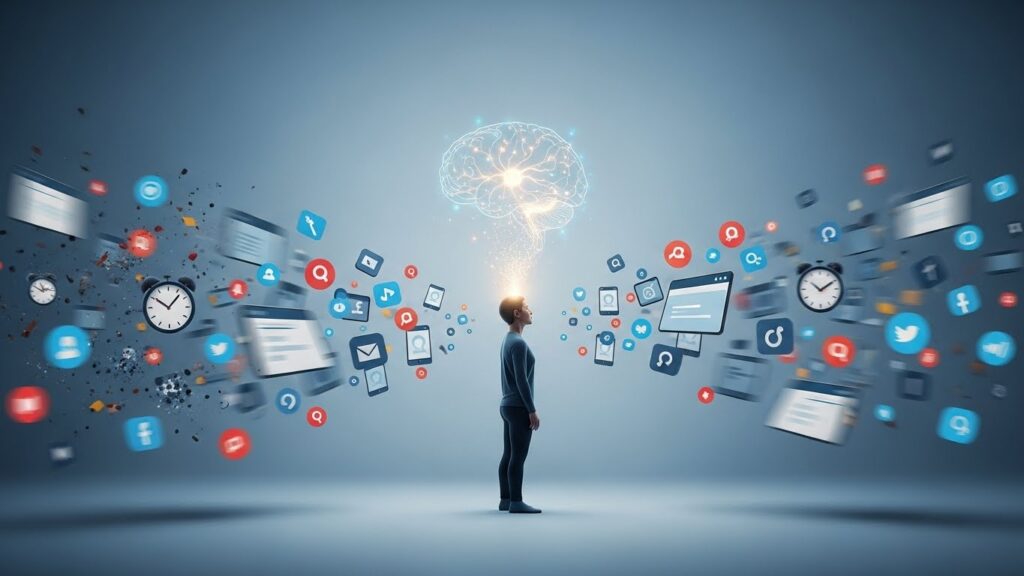 A conceptual digital illustration of a person with a glowing brain surrounded by chaotic digital icons, representing the need for attention span exercises to manage digital distractions.