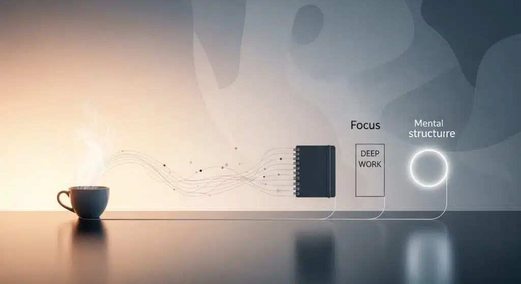 A conceptual 3D illustration exploring does caffeine improve focus, showing steam from a coffee cup transforming into neural pathways that connect to a deep work notebook and a glowing mental structure ring.