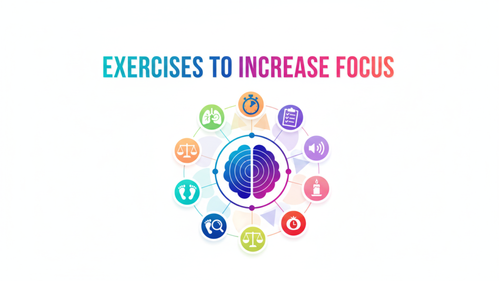 A colorful infographic diagram showing various mental and physical exercises to increase focus and brain health.