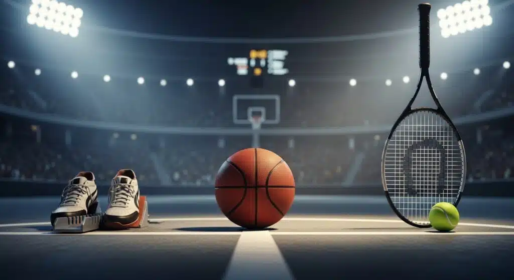 A cinematic wide-angle shot of a basketball, tennis racket, and running shoes on a spotlighted court, illustrating how to improve focus in sports through mental preparation.