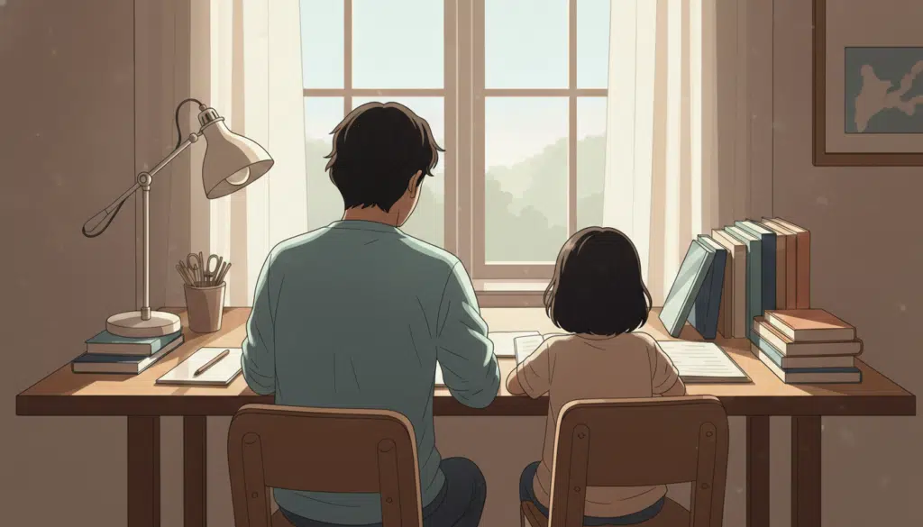 An illustration of a father and daughter sitting at a tidy wooden desk by a window, demonstrating how to improve kids focus through a calm, organized study environment.