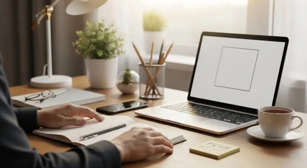A clean, organized workspace featuring a laptop, open notebook, and a cup of tea, illustrating how to improve your focus through a distraction-free environment.