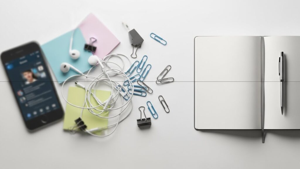 A split-screen comparison of a cluttered desk versus a minimalist workspace with a notebook and pen, highlighting foundational mental exercises to improve focus.