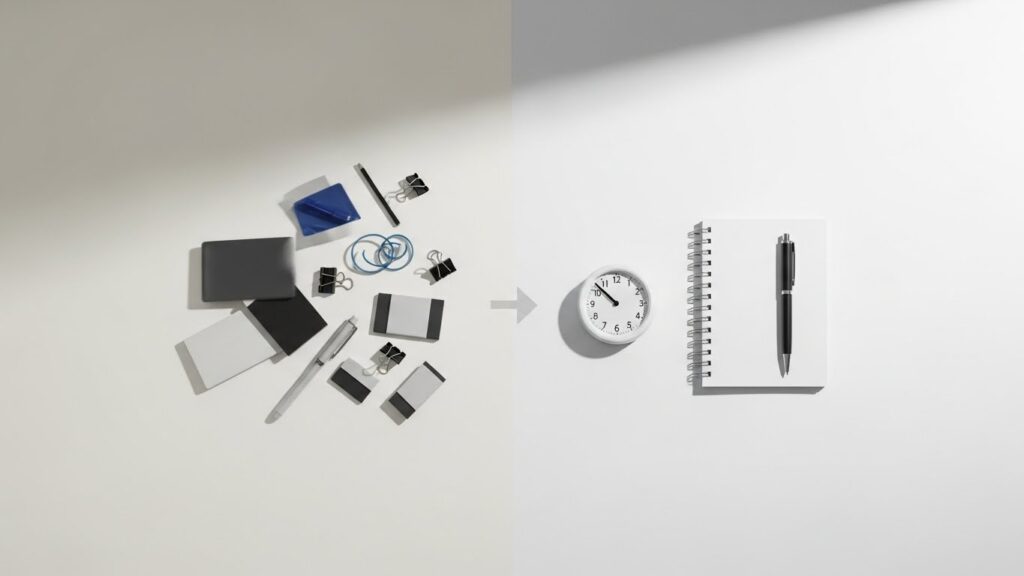 This minimalist digital image depicts a "before and after" transformation of a workspace to highlight environmental focus exercises for adults. The left side shows a chaotic pile of office supplies, including binder clips, pens, and paper scraps, representing a distracted mind. An arrow points to the right side, which features a pristine white surface with only a spiral notebook, a sleek pen, and a small analog clock. This visual demonstrates that decluttering one's physical environment is a foundational exercise for improving concentration and practicing "Deep Work" in a professional setting.