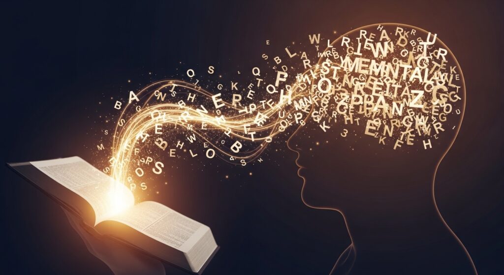 A creative profile silhouette of a person with glowing letters filling their mind as they read a scripture, illustrating the power of a bible verse about positive mindset and daily spiritual strength.