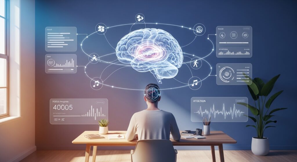 An organized study setup featuring a digital timer, a water bottle, healthy snacks, and colorful notes, illustrating the perfect environment for a brain focus activity.