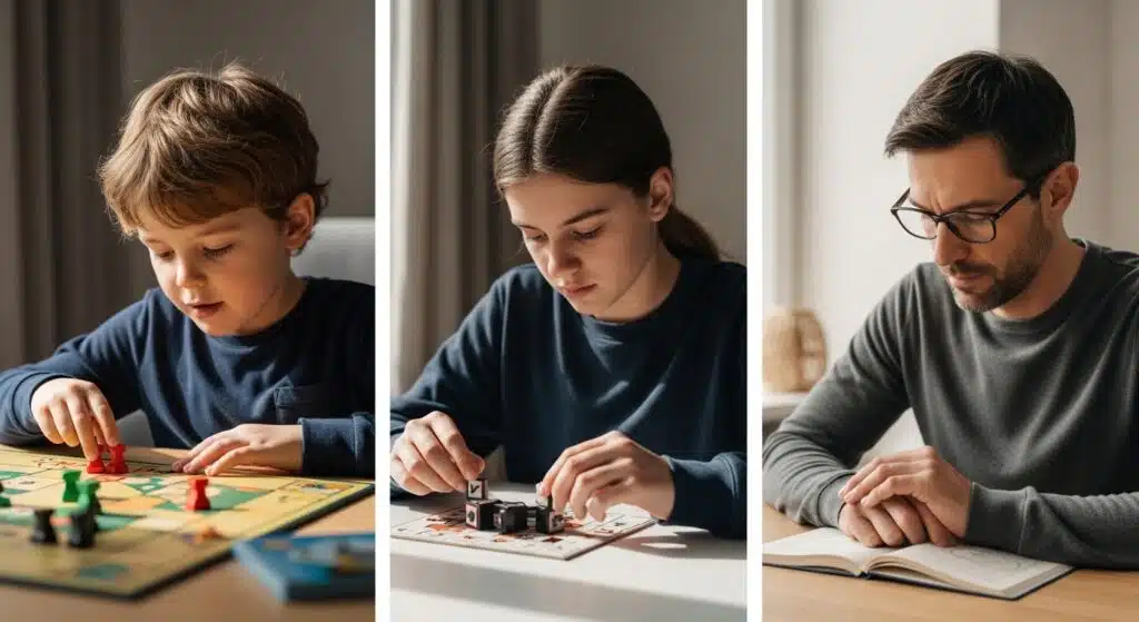 A triptych image featuring a young boy playing a colorful board game, a teenage girl solving a letter-tile puzzle, and an adult man practicing deep concentration while reading, illustrating various Games to Improve Focus and Attention across different age groups.