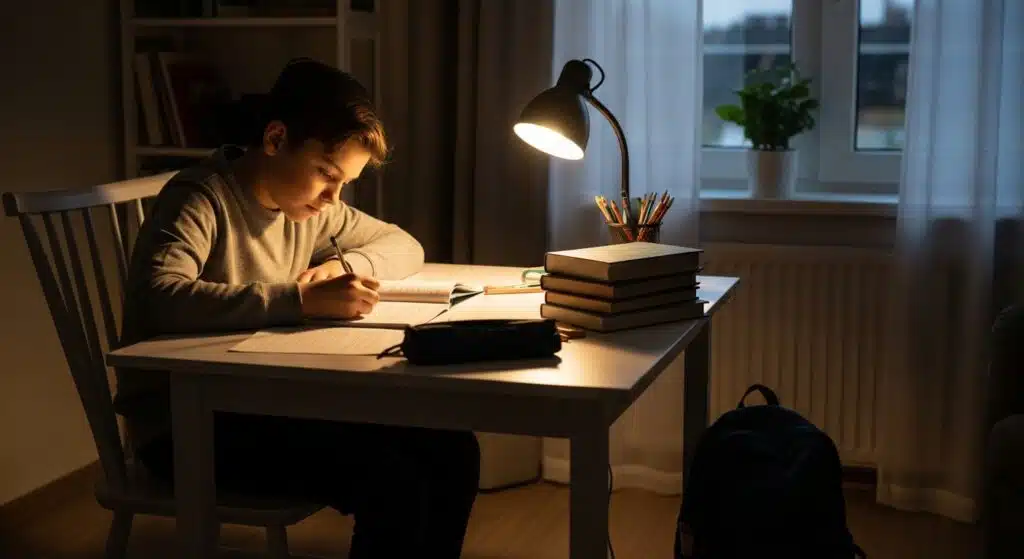 A dedicated student working at a clean, well-lit desk at night with a focused lamp and organized books, demonstrating how to improve focus on homework through environmental control.