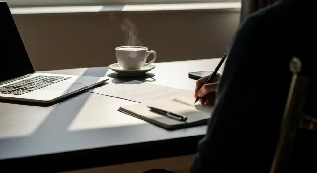 A modern, minimalist home office setup featuring a professional workstation with a clear screen displaying "Deep Work" and "Focus Blocks" strategies, illustrating how to improve your focus at work through digital decluttering and organized planning.