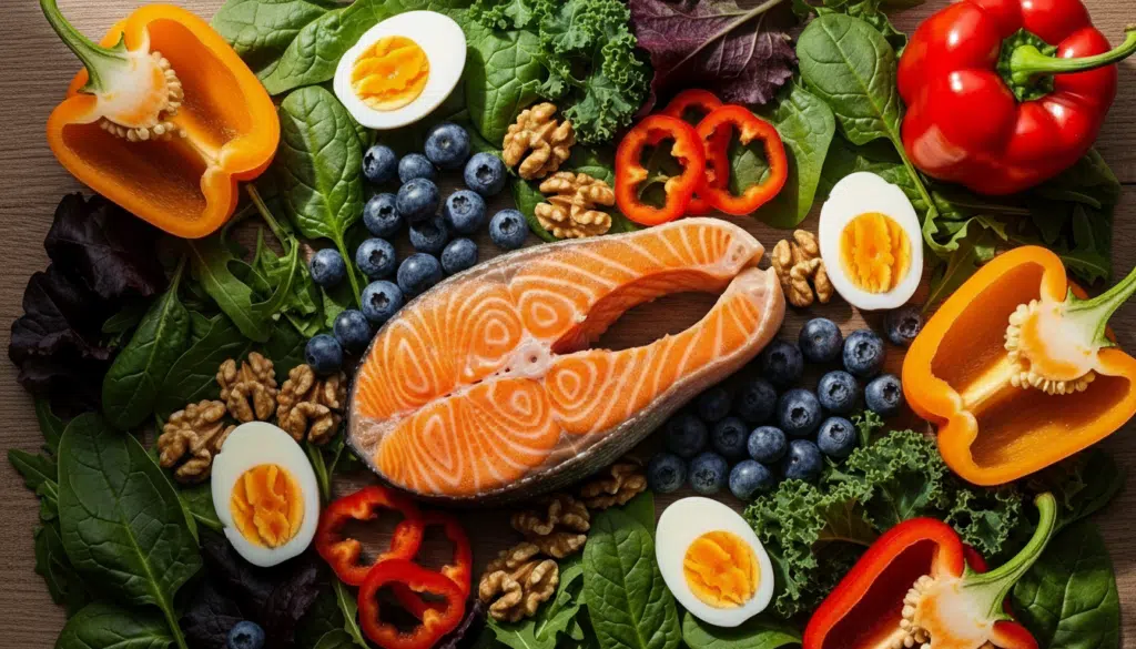 A vibrant flat-lay arrangement of brain-boosting superfoods including fatty salmon, blueberries, eggs, walnuts, and leafy greens, showcasing natural sources of Vitamins to Improve Memory and Focus.