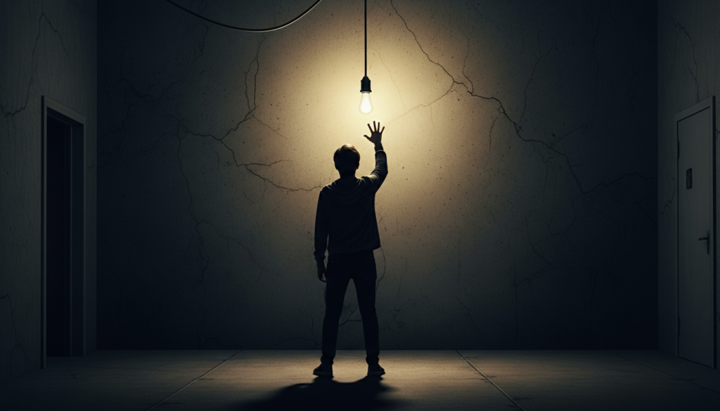 A silhouette of a student reaching toward a single, bright hanging lightbulb in a dark room, symbolizing the clarity found when learning how to improve focus while studying by eliminating environmental distractions.