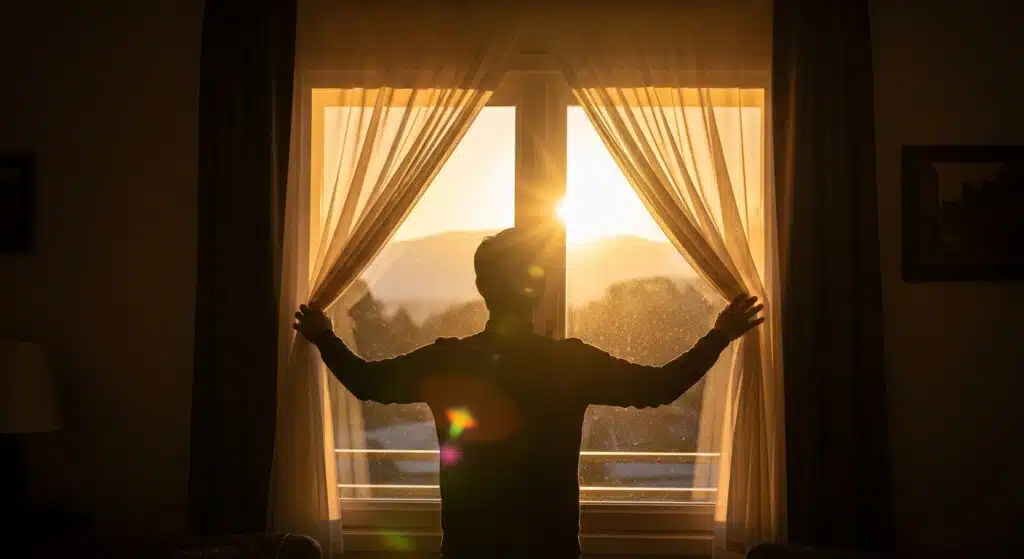 A silhouette of a person opening heavy curtains to let in a bright sunrise, symbolizing the first step in how to gain a positive mindset.