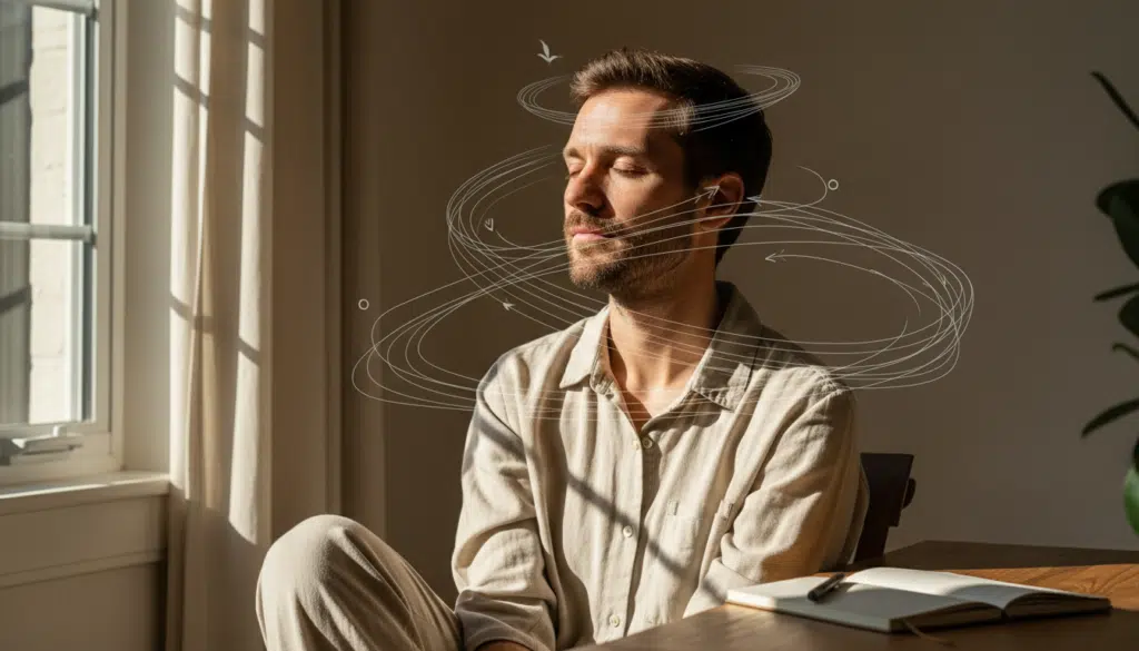 A serene man sitting at a wooden desk with a notebook, eyes closed in meditation as light from a window shines on him, illustrating the peaceful internal state fostered by positive growth mindset quotes.