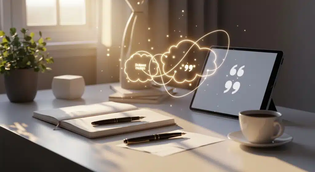 A bright, sunlit desk featuring an open notebook, a cup of coffee, and a tablet displaying glowing speech bubbles, symbolizing the daily practice of reflecting on positive inspirational growth mindset quotes.