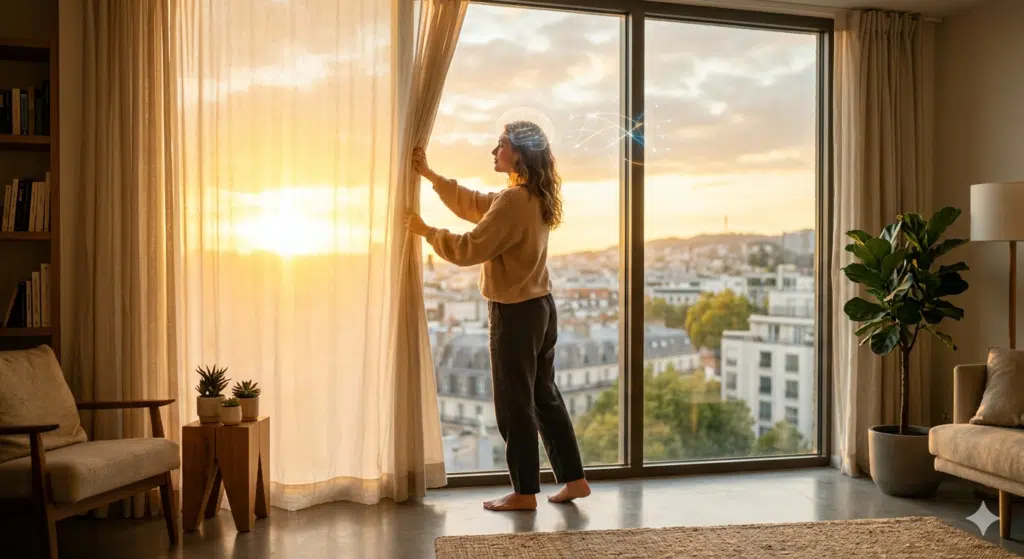 A woman standing in a sunlit, peaceful living room opening curtains to a city view, with a glowing brain illustration and light waves representing the mental clarity gained from a positive mindset podcast.