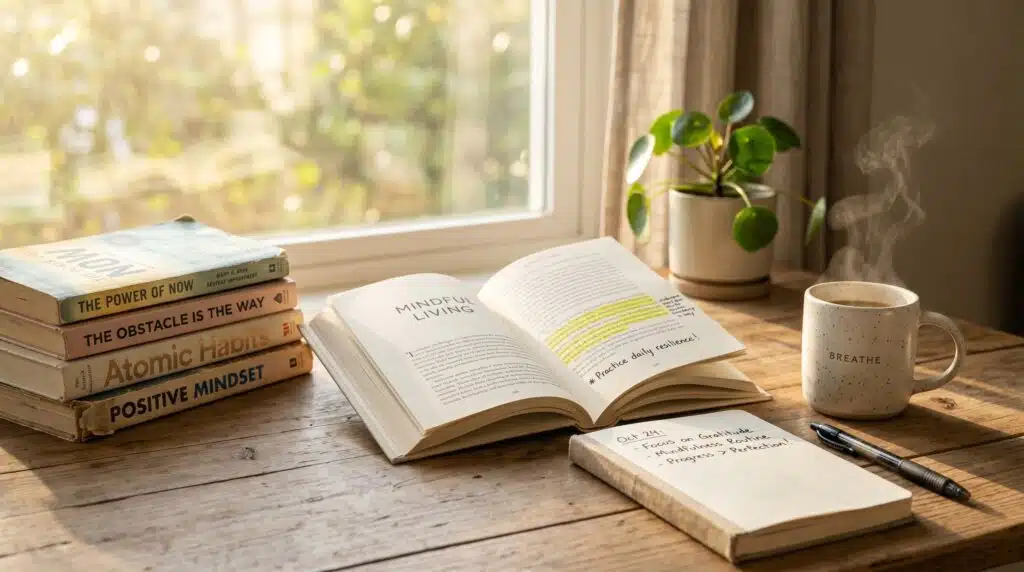 A cinematic lifestyle photograph of a student studying at a minimal, sunlit desk with a stack of positive mindset books, a cup of coffee, and an open journal, representing high-detail educational focus.