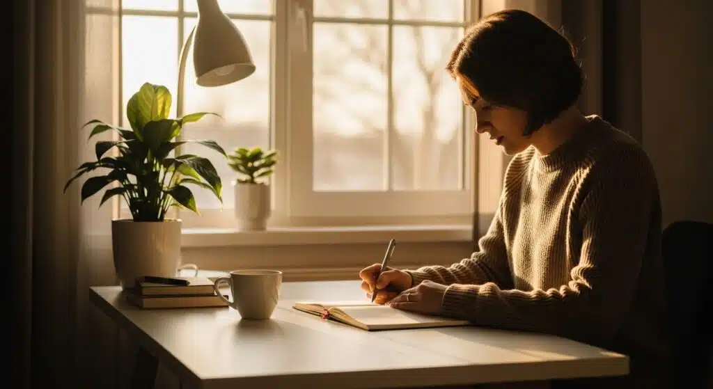 A woman sitting at a desk in a sunlit room, journaling intently in a notebook near a window, illustrating the quiet reflection and self-belief required for a positive mindset: you create your reality.