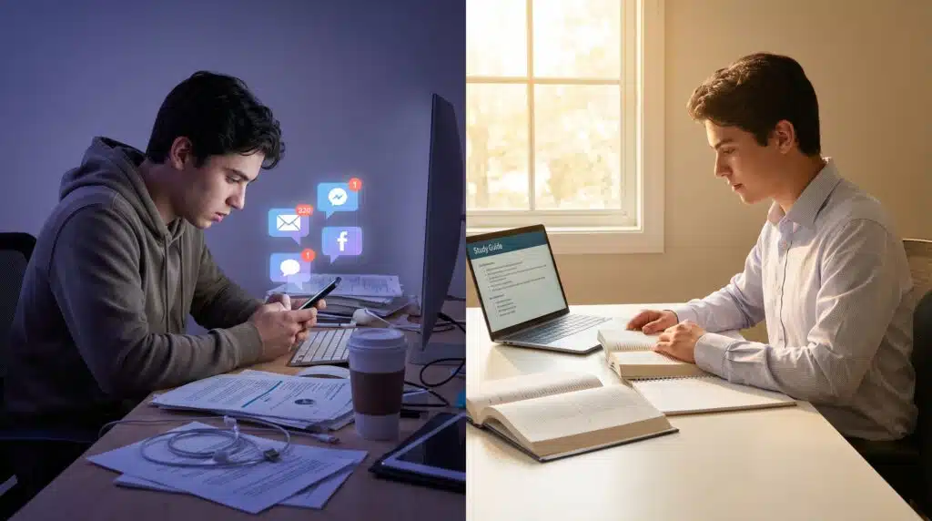 A split-screen comparison showing a student distracted by a smartphone and notifications versus a student engaged in deep work at a clean, sunlit desk, highlighting the impact of environmental control as one of the most effective focus activities for students.